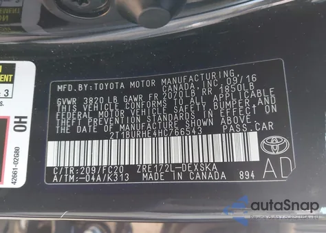 2017 Toyota Corolla Se z USA, uszkodzony, nr VIN 2T1BURHE4HC766543